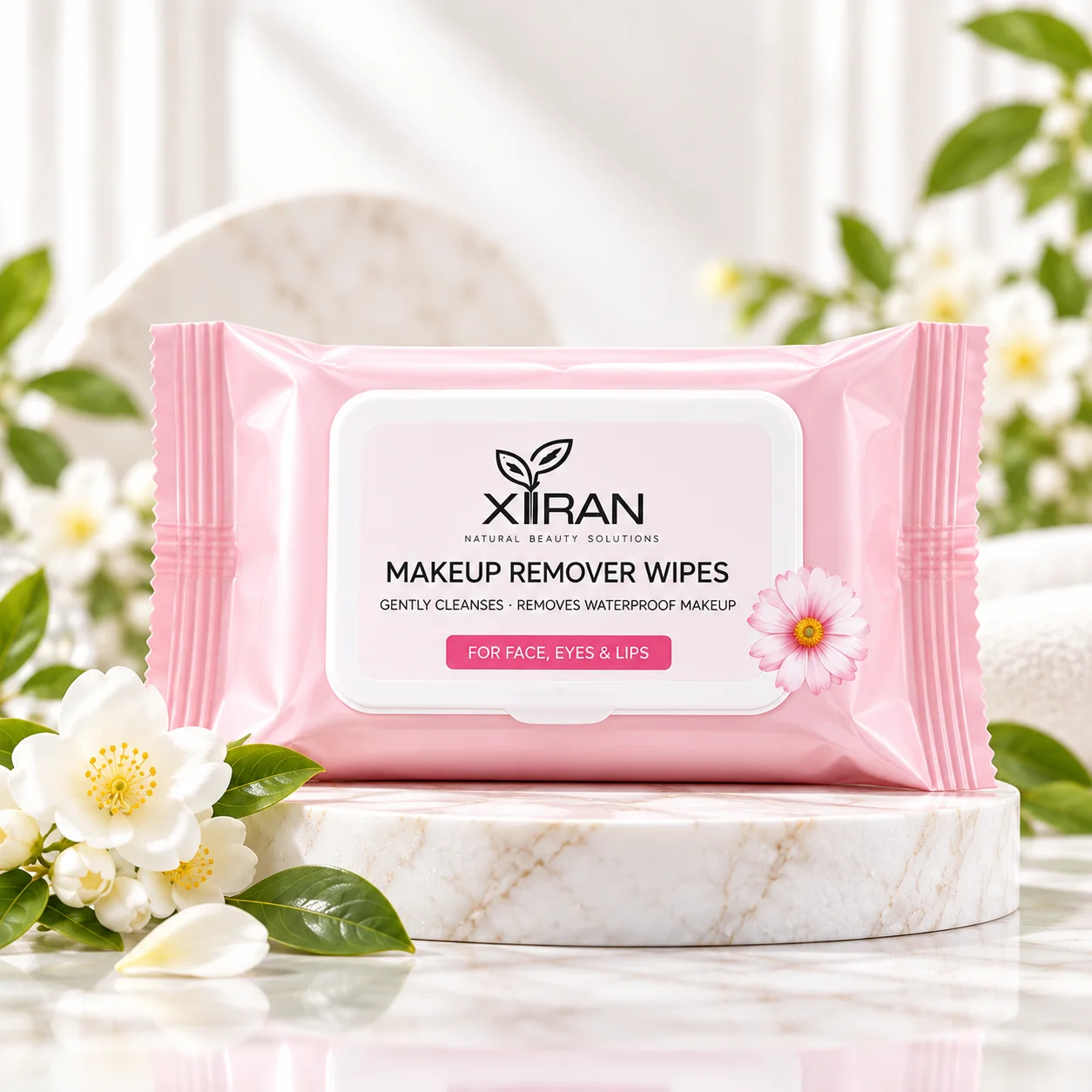 Pink pack of Xiran makeup remover wipes displayed on a marble surface with white flowers and green leaves around it, against a soft background.